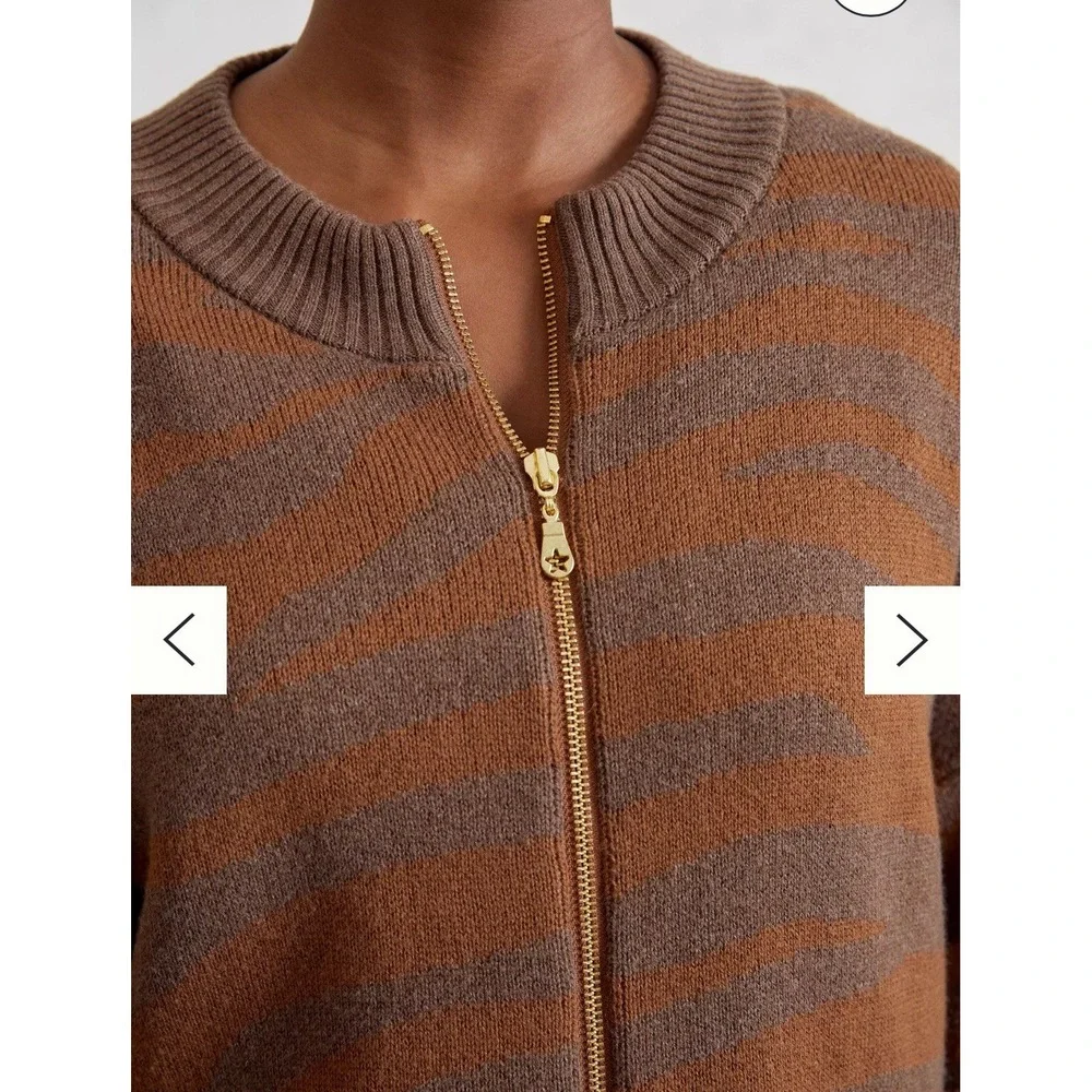 Varley Mayberry Wool zebra print zip front knit cardigan Brown Motif Size M‎